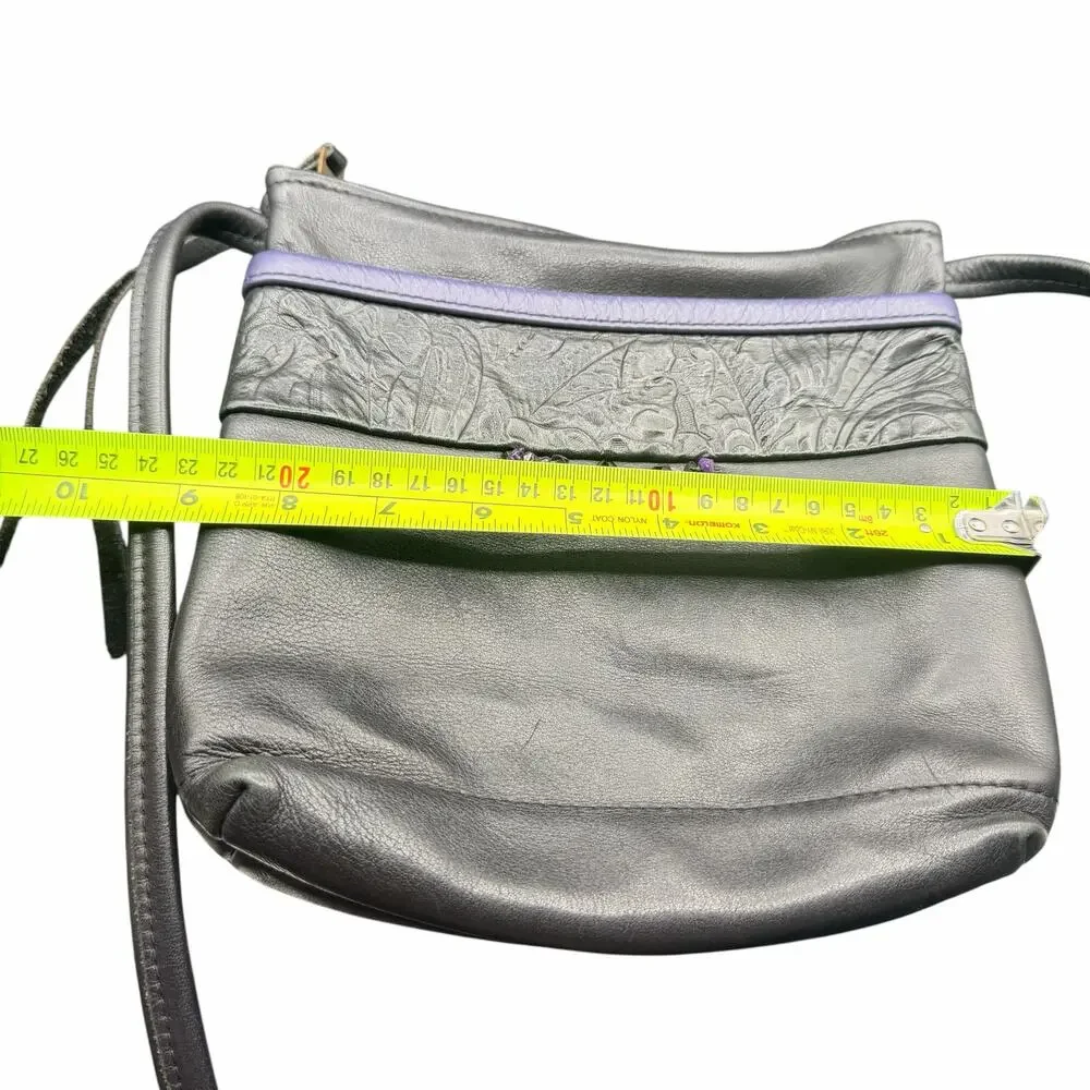 Handmade Black Leather Crossbody Bag Purple Beaded Accent